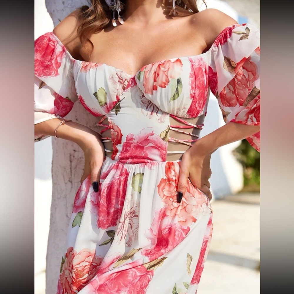 🔥FINAL SALE🔥 Off The Shoulder Floral Print Cut Out Maxi Dress - Picture 8 of 9